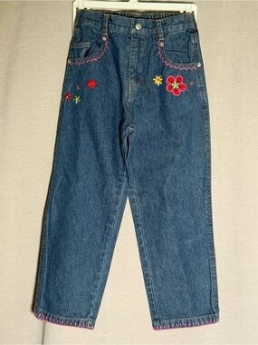 Vintage 90s Jet Set Kids Flower Embroidered High Waisted Jeans Size 5